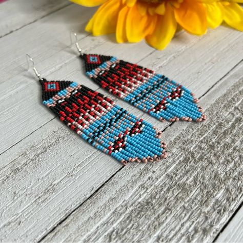 Native American Themed Seed Beaded Earrings Handmade Earrings Fringe Chevron Handmade Seed Beaded Fringe Earrings Made With 925 Sterling Silver Ear Hook And Glass Seed Beads. Native American Themed Colors - Black, Red, Tan, Blue, White Measurements Drop Length - 4 Inches Length With Ear Hook - 4.5 Inches Width - 1 Inch Care Instructions - To Maintain The Brightness Do Not Wear Them In Water. Made When Ordered Ships Within 2 Business Days Red White And Blue Beaded Earrings, Native American Beaded Earrings Pattern, Beaded Medallion Native American, White Fringe Earrings, Seed Beaded Earrings, Earrings Patterns, Beaded Fringe Earrings, Hoop Earrings Style, Native American Beaded Earrings