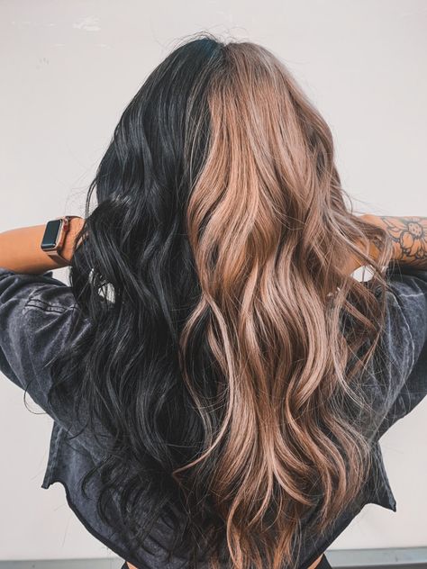 Dark Brown Hair With Pops Of Color, Hair Color 2023 Money Piece, Balayage, Split Brown And Black Hair, Panel Dyed Hair, Two Toned Long Hair, Dark Brown Light Brown Split Dye, Money Piece Hair Black And Blonde, Edgy Strawberry Blonde Hair