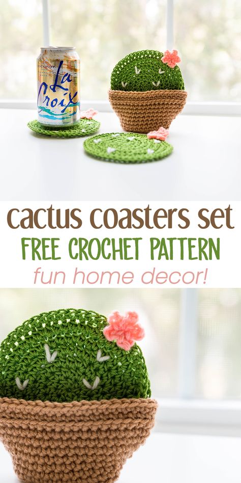 Crochet these cute cactus coasters for some trendy home decor that's handmade! It's a free pattern that comes with the planter pattern too - crochet a bunch for your next housewarming gift or for your very own patio #freepattern #crochet #DIY Cactus En Crochet, Cactus Coasters, Granny Square Pattern Free, Coaster Patterns, Crochet Coasters Free Pattern, Confection Au Crochet, Mercerized Cotton Yarn, Easy Knitting Projects, Crochet Cactus