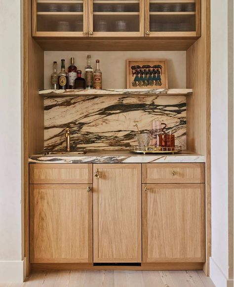 Stone Shelf Backsplash, Wet Bar Off Kitchen, Built In Bar Nook Modern, Bar Sink In Kitchen, Mid Century Modern Built In Bar, Hallway Kitchen Remodel, Regan Baker Design, Bar Cabinet Built In, Dry Bar Built In