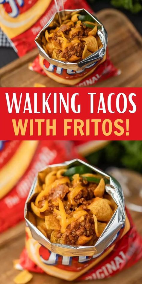 Walking taco frito chili pie - Learn how to make a walking taco Mexico, Walking Tacos In A Bag, Recipe With Fritos, Frito Recipes, Walking Taco Recipe, Tacos In A Bag, Cabin Recipes, Frito Recipe, Walking Tacos Recipe