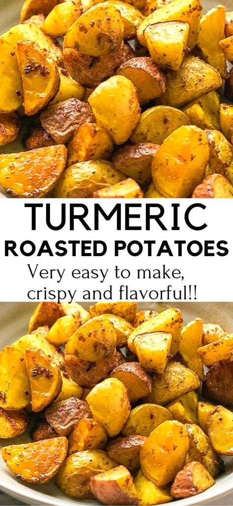 Turmeric Roasted Potatoes Recipe - very easy to make, crispy and flavorful. These potatoes are great for a side dish or an appetizer with your favorite dipping sauce. Tumeric Recipes, Turmeric Recipes, Easy Potato Recipes, Potato Side Dishes, 140 Pounds, Potatoes Recipe, Potato Dishes, Good Health Tips, Veggie Dishes