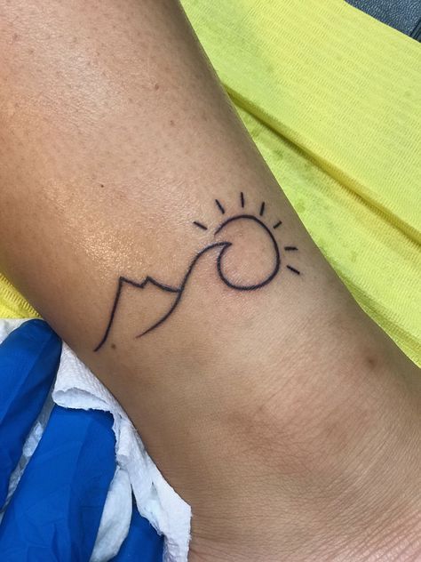 Mountain Wave And Sun Tattoo, Wave Sun Mountain Tattoo, Wave Mountain Sun Tattoo, Mountain And Ocean Tattoo Simple, Wave Beach Tattoo, Mountain And Sea Tattoo, Outdoorsy Tattoos, Beach Inspired Tattoos, Beach Tattoo Ideas