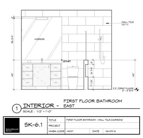 Cabin Wall Tile Coursing East Elevation Furniture Details Drawing, Bathroom Construction, Title Block, Elevation Drawing, Elevation Plan, Interior Architecture Drawing, Tile Layout, Bathroom Floor Plans, Drawing Interior