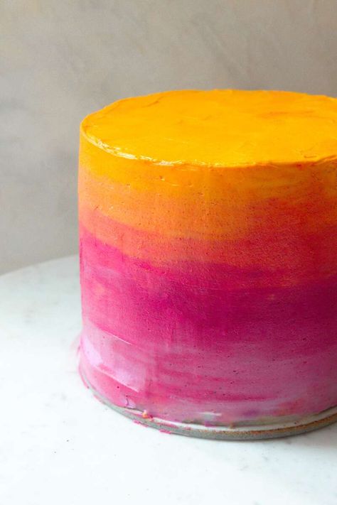 How to make a colorful ombre cake | King Arthur Baking Pink Orange Ombre Cake, Pink Orange Yellow Ombre Cake, Pink And Orange Ombre Cake, Pink And Orange Birthday Cake Ideas, Yellow Pink Orange Aesthetic, Ombré Cake Pink, Orange Pink Birthday Party, Ombré Pink Cake, Sunset Ombre Cake