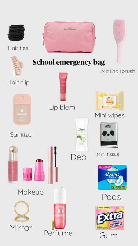 An example of an school emergency bag for girls😘💖✨ What’s In My Emergency Kit, What To Put In Your School Bag Grade 6, Emergency Kit For School Period, Middle School Bag Essentials, Emergency Bag For School Aesthetic, Pe Bag Essentials School, Stuff To Put In Purse, What To Back In Your School Bag, It Girl School Essentials