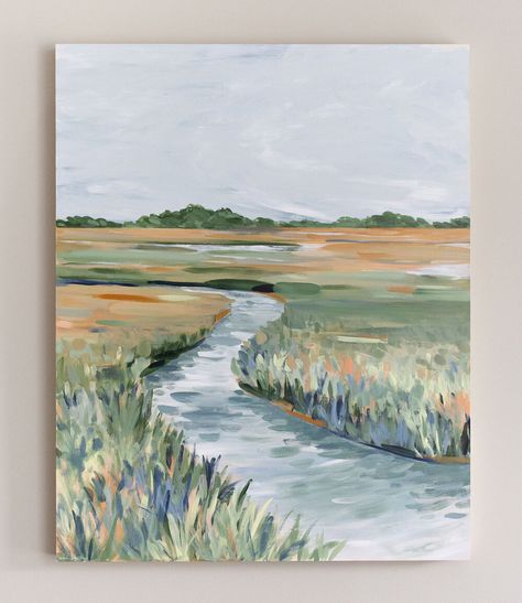 Marsh Acrylic Painting, Low Country Paintings, Plein Air Drawing, Watercolor Marsh Landscape Paintings, Salt Marsh Painting, Southern Paintings, Marsh Watercolor, Neutral Paintings, Acrylic Landscape Paintings