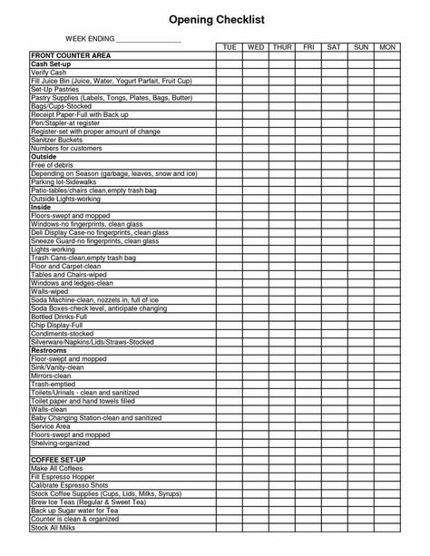 New Restaurant Checklist, Restaurant Back Of House Organization, Coffee Bar Checklist, Coffee Shop Checklist, Restaurant Manager Tips, Opening A Restaurant Checklist, Restaurant Opening Checklist, Restaurant Manager Checklist, Restaurant Organization Ideas