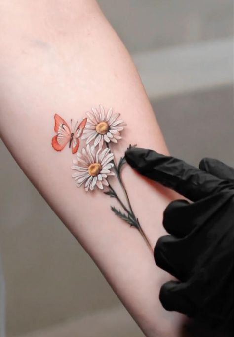 Red and white butterfly and daisy tattoo White Daisy Tattoo, Daisy Chain Tattoo, Yellow Butterfly Tattoo, White Butterfly Tattoo, Daisy Flower Tattoos, Chain Tattoo, Feminine Tattoo Sleeves, Tattoo Spots, Ankle Tattoos For Women