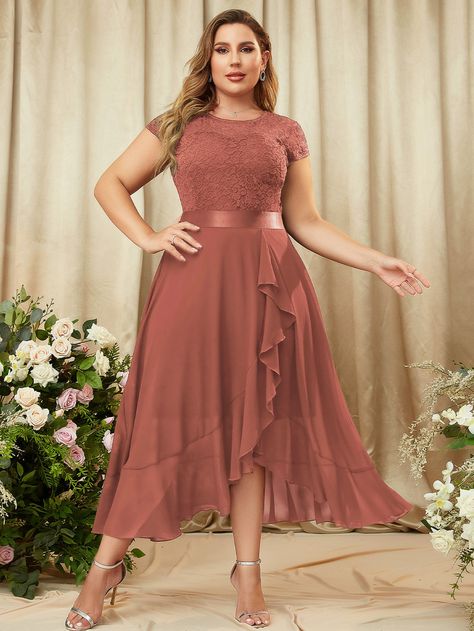 Rosa Oxidada Fiesta Collar Manga capa Encaje Liso A línea Embellished Elástico Ligero Todo Ropa de Mujer Plus Plus Size Dresses For Party, Stylish Plus Size Clothing, Rusty Rose, Dress Party Night, Vestidos Plus Size, Ruffle Trim Dress, Timeless Dress, Wedding Attire Guest, Lace Chiffon