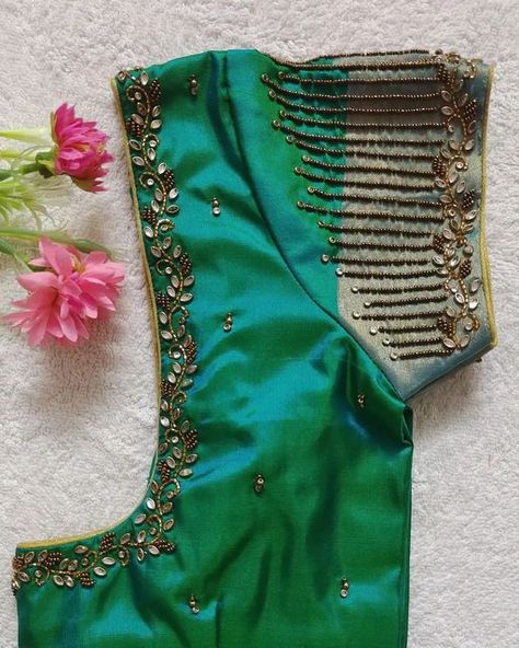 Blouse With Work Designs, New Embroidery Blouse Designs, Floral Design Aari Work Blouse, Green Aari Work Blouse Design, Green Blouse Embroidery Designs, Embroidery Neck Designs Blouse, Aari Blouses Weddings, Green Maggam Work Blouse, Green Silk Blouse Designs