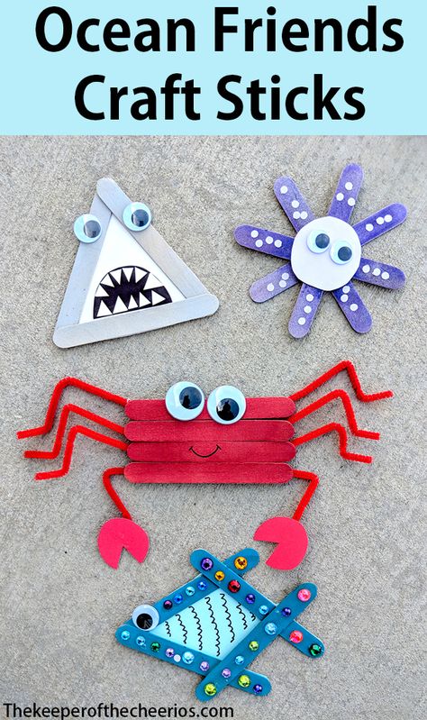 Sea Preschool Crafts, Ocean Friends Craft Sticks, Water Week Crafts, Tk Activities Fun, Summer Time Arts And Crafts For Kids, Sea Creature Crafts For Kids Preschool, Ocean Week Crafts, Beach Day Crafts For Kids, Crafts For Kids With Popsicle Sticks