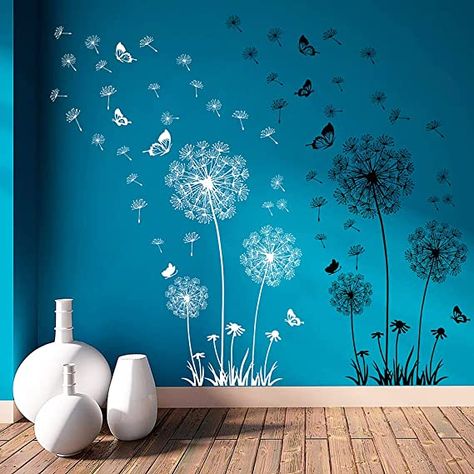 Supzone Dandelion Wall Stickers Flower Wall Decals Butterflies Flying Wall Decors Art Stickers for Bedroom Living Room Sofa Backdrop TV Wall Decor (White Black) - - AmazonSmile Sofa Backdrop, Tv Room Decor, Dandelion Wall Decal, Backdrop Tv, Black Feature Wall, Dandelion Wall Art, Diy Wall Stickers, Wall Painting Decor, Wall Decals For Bedroom