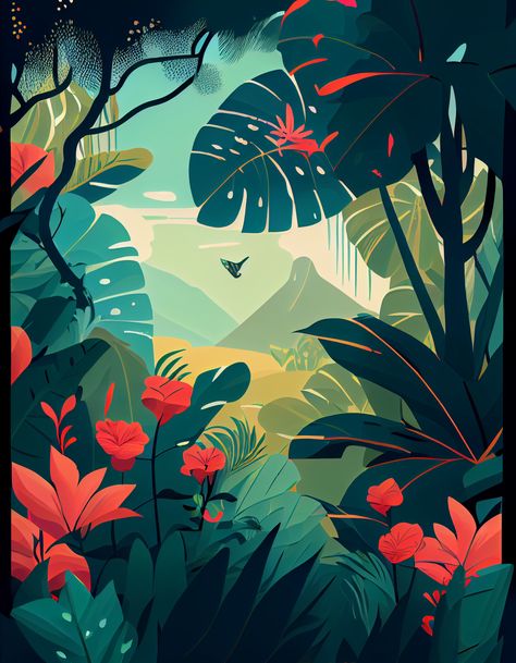 Tropical Forest Concept Art, Tropical Rainforest Illustration, Tropical Forest Illustration, Travel Around The World Illustration, Mural Art Tropical, Tropic Landscape, Jungle Art Tropical, Tropical Jungle Illustration, Digital Art Forest