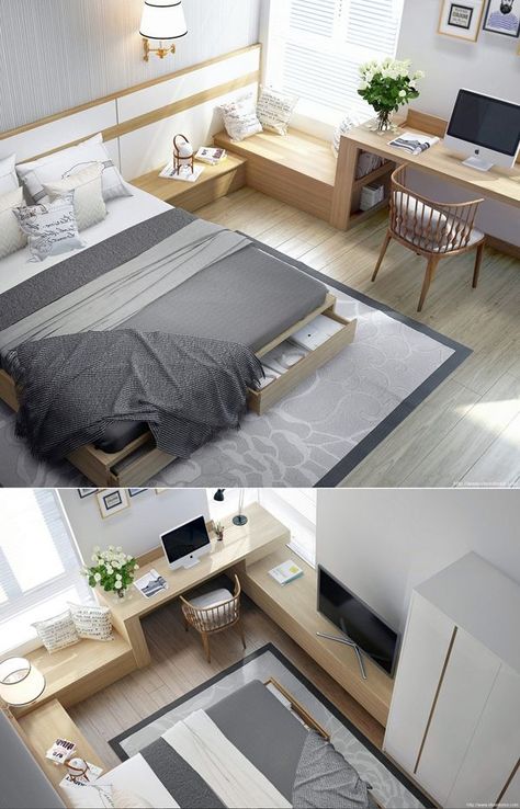 This bedroom layout is such a great way to utilise a small area  + 19 more cosy bedroom ideas! Condo Interior Design, Condo Interior, Cosy Bedroom, Bilik Tidur, Hus Inspiration, Modern Bedroom Design, Bedroom Layouts, Contemporary Bedroom, Modern Bed