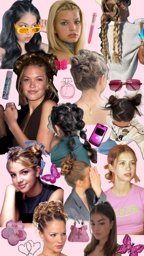 2000s hair inspo! #2000s #2000saesthetic #aesthetic #y2k #y2kaesthetic #y2khair #2000shair #hairinspo #partythemes #college 2000 Theme Party Outfits, 2000s Party Outfit, Butterfly Clip Hairstyles, 2000s Party Outfits, Early 2000s Hair, 2000 Hairstyles, Hairstyles With Clips, 2000 Hair, 00s Party