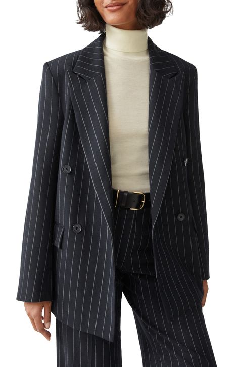 & Other Stories Relaxed Fit Pinstripe Double Breasted Wool Blend Blazer available at #Nordstrom Work Wardrobe, Pinstripe Blazer Outfit, Pinstripe Blazer, Outfits Invierno, Fitted Blazer, Christmas 2022, Double Breasted Blazer, Dress For Success, Blazer Outfits