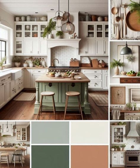 18 Timeless Kitchen Cabinet Makeovers Green Kitchen Farmhouse Style, Green And Beige Kitchen Ideas, Neutral Farmhouse Color Palette, Olive Green Farmhouse Kitchen, White Wood And Green Kitchen, Mint Green Farmhouse Kitchen, Cream Green Kitchen, Earthy Kitchen White Cabinets, White Green And Wood Kitchen