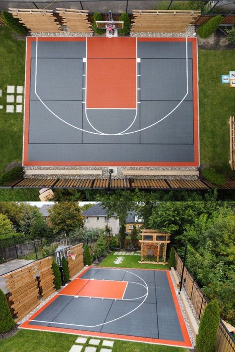 This is a 30’ x 40’ mulit-game court with Graphite and Texas orange SnapSports DuraCourt tiles and LED court lighting 🏀 Ruang Tamu Outdoor, Backyard Court, Home Basketball Court, Backyard Sports, Basketball Court Backyard, Backyard Basketball, Outdoor Basketball Court, Backyard Plan, House Backyard