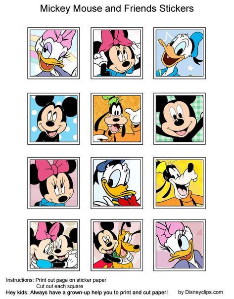 Donald, Daisy, Mickey, Minnie, Goofy, Pluto stickers Mickey Mouse Photo Booth, Friends Printables, Disney Stickers Printables, Mickey Mouse Printables, Mickey Mouse Stickers, Mickey Mouse Crafts, Donald And Daisy, Alfabeto Disney, Mickey Mouse Characters