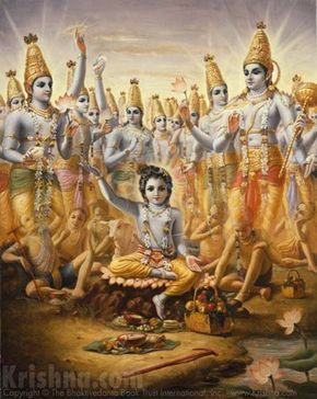 Lord Krishna displays His universal form to Lord Brahma Krishna Birth, Iskcon Krishna, Krishna Lila, Krishna Leela, Little Krishna, Krishna Statue, Lord Ganesha Paintings, Vedic Art, Hinduism Art