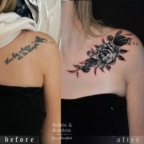 Womens Lower Back Tattoos Cover Up, Tattoo Covers For Women, Tattoo Ideas Female For Cover Up, Shoulder Tattoos Cover Up For Women, Tattoo Writing Cover Up Ideas, For Cover Up Tattoo Design, Collarbone Tattoo Cover Up Ideas, Female Tattoo Cover Up Ideas, Colar Bone Tattoo Coverup