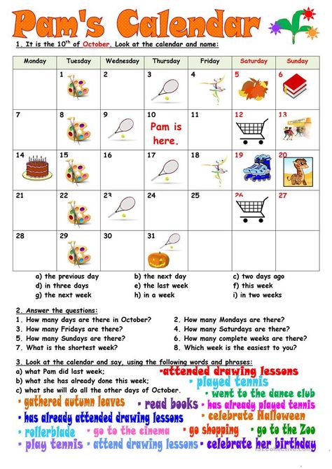 Pam's Calendar - English ESL Worksheets for distance learning and physical classrooms Class Worksheets, Kindergarten Calendar, Calendar Worksheets, Preschool Calendar, Sequence Writing, Sequencing Worksheets, Calendar Math, Grammar For Kids, Kindergarten Reading Worksheets