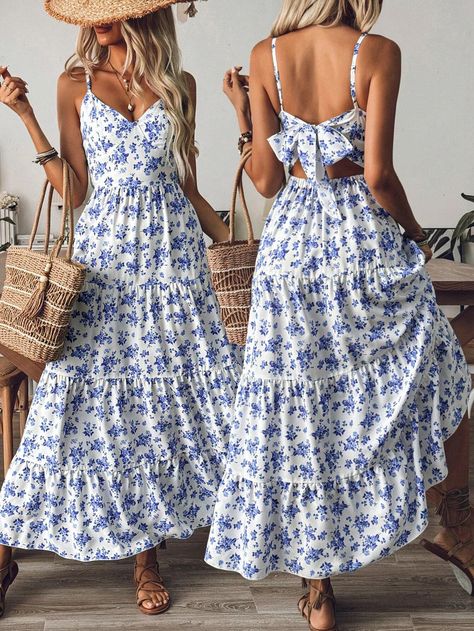 SHEIN VCAY Women's Retro Printed Simple Daily Spaghetti Strap DressI discovered amazing products on SHEIN.com, come check them out! Women Maxi Dresses, Bleu Azur, Sun Dresses, Spaghetti Strap Dress, Fabric Floral, Women Maxi, Blue Boho, Ditsy Floral, Strap Dress