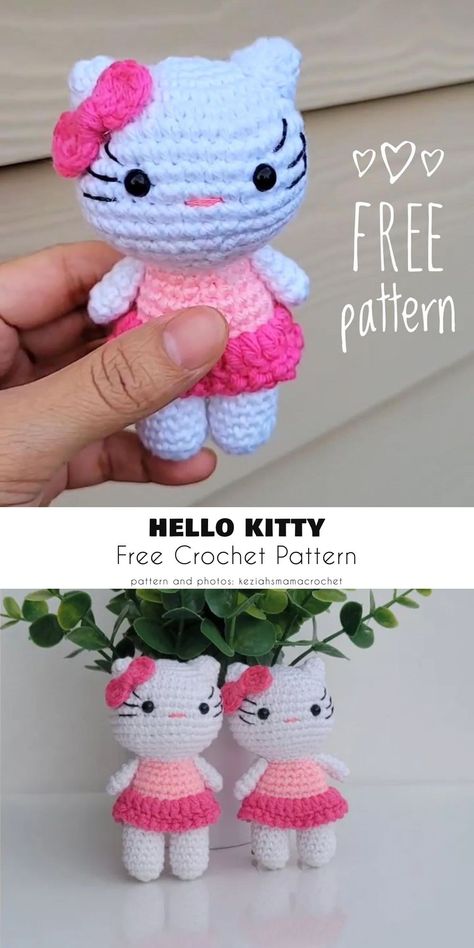 Hello Kitty Amigumumi pattern Amigurumi Patterns, Hello Kitty Crochet, Crochet Toys Free Patterns, Crochet Disney, Crochet Doll Dress, Crochet Cat Pattern, Crochet Design Pattern, Crochet Animals Free Patterns, Valentines Crochet