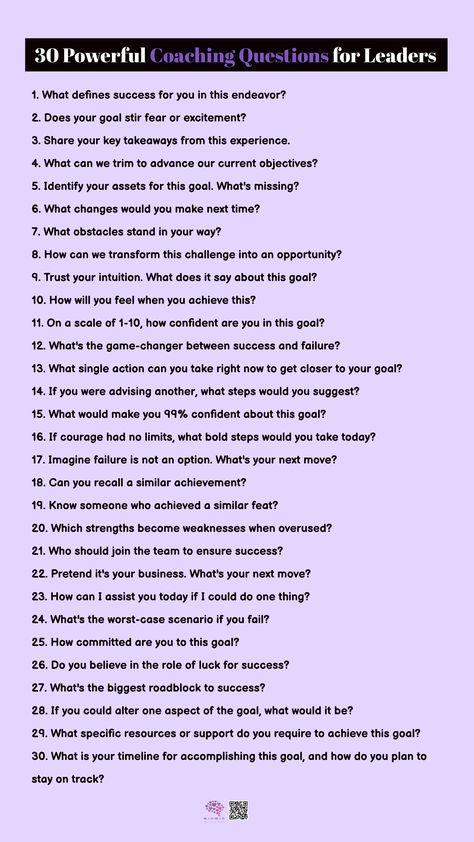 Unlock Success with these 30 Powerful Coaching Questions for Leaders As leaders, coaching is a vital tool for nurturing our teams. The art of questioning can boost confidence, uncover opportunities, and dispel doubts. It's a way to show that everyone possesses untapped potential. These 30 questions are your coaching arsenal: Instructional Coaching Questions, Powerful Coaching Questions, Health Coach Questions, Life Coach Questions, Coaching Questions For Employees, Life Coaching Questions, Mentorship Questions, Mentoring Questions, Coaching Topics