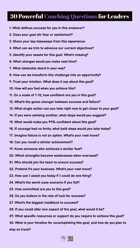 Unlock Success with these 30 Powerful Coaching Questions for Leaders As leaders, coaching is a vital tool for nurturing our teams. The art of questioning can boost confidence, uncover opportunities, and dispel doubts. It's a way to show that everyone possesses untapped potential. These 30 questions are your coaching arsenal: Instructional Coaching Questions, Powerful Coaching Questions, Mindset Coaching Questions, Health Coaching Questions, Coaching Questions For Employees, Questions To Ask Your Mentor, Life Coaching Questions, Mentorship Questions, Mentoring Questions