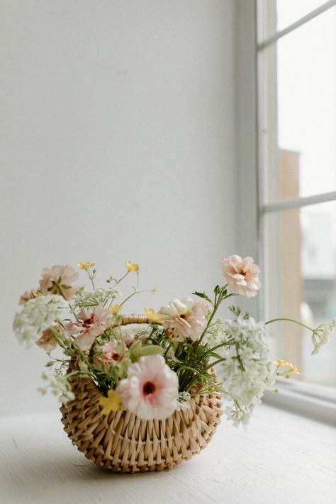 Small basket filled with spring wild flowers Floral Basket Bridesmaid, Wedding Flower Basket Bridesmaid, Flower Basket Bouquet Bridesmaid, Bridesmaids Bouquet Baskets, Flower Baskets Bridesmaids, Bridesmaids Baskets Flowers, Alternative Flowers For Wedding, Basket Flowers Bridesmaids, Bridesmaid Flower Basket Bouquet