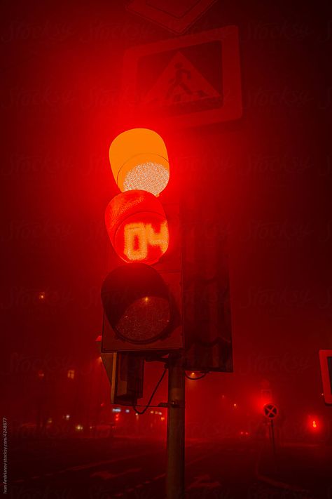 "Red Traffic Light Signal On City Street At Night" by Stocksy Contributor "Ivan Andrianov" - Stocksy Red Traffic Light Aesthetic, Street Lights Aesthetic, Traffic Light Pictures, Night Street Aesthetic, Street Lights At Night, Street Signs Photography, City Lights Photography, Raising Kanan, City Street At Night