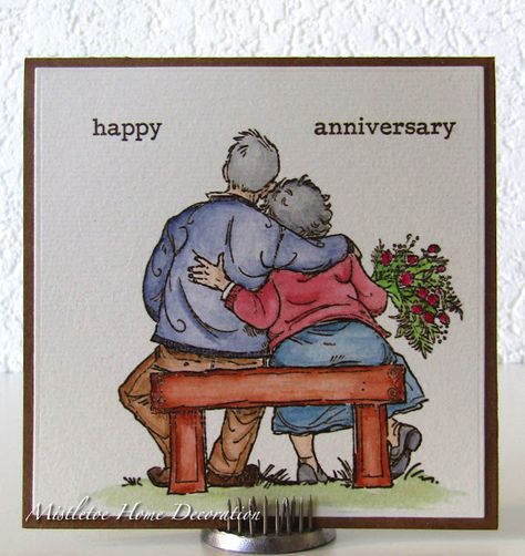 Anniversary card with Tom and Tilly by Penny Black Stamp - Old couple on a bench Happy Anniversary Canvas Painting, Anniversary Card Painting, Painting Ideas For Anniversary, Old Couple Drawing, Anniversary Drawings, Couple Drawing Poses, Anniversary Drawing, Couple On A Bench, Drawing Sitting