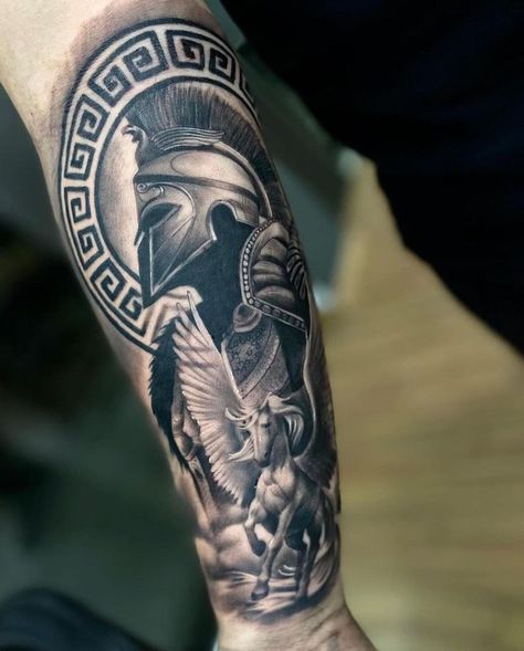 Upper Arm Tattoo Ideas For Men, Sparta Tattoo Design, Illyrian Tattoo, Ares Tattoo, Sparta Tattoo, Warrior Tattoo Sleeve, Underarm Tattoo, Roman Tattoo, Gladiator Tattoo