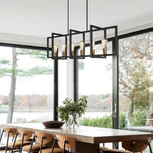 Rectangular Industrial Kitchen Light | Wayfair Round Chandelier Over Kitchen Island, Liner Chandelier, Center Island Lighting, Rectangular Chandeliers, Modern Farmhouse Kitchen Island Lighting, Modern Farmhouse Kitchen Island, Farmhouse Kitchen Island Lighting, Dining Table Chandelier, Farmhouse Chandelier Lighting