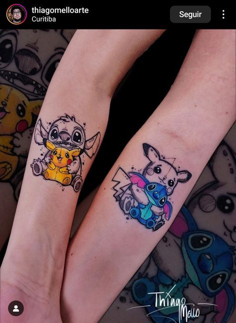 #watercolortattoos #watercolourtattoo #colortattoo #tattoowork #colortattoos #tattoocolor #tattooidea #tattooing #colorfultattoo #cutetattoos Non Traditional Couples Tattoos, Poke Ball Tattoo, Pikachu Tattoo Design, Disney Couple Tattoos, Disney Stitch Tattoo, Disney Inspired Tattoos, Pikachu Tattoo, Simbolos Tattoo, Disney Tattoos Small