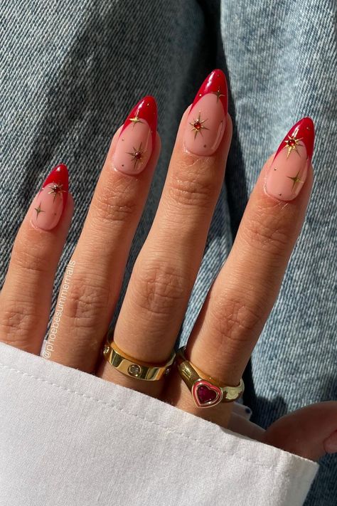 35 Trendy Red Nail Designs to Literally Fire Up Your Look in Seconds French Tip Nails Short Almond, Almond Baddie Nails, Short Almond Nails Red, Red French Tip Nails Short, Baddie Summer Nails, French Tip Nails Short, Red Nails Short, Red French Tip Nails, Almond Nails Red