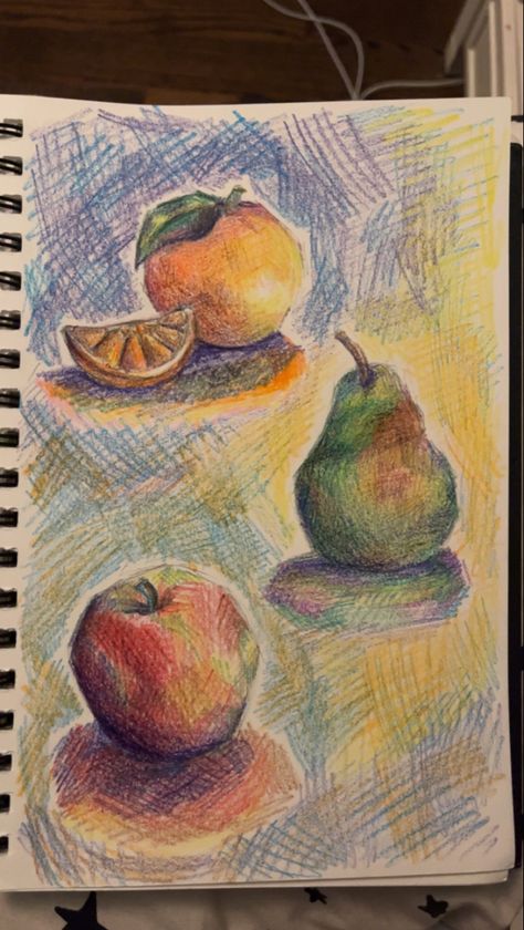 Colourful Sketches Aesthetic, Fruits Drawing Reference, Sketches With Colored Pencils, Colour Pencil Reference, Orange Sketchbook Page, Color Pencil Realism, A3 Drawing Ideas, Sketch Book Colored Pencil, How To Color Hair With Colored Pencils