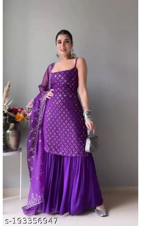 Sarara Dress Design, Purple Indian Outfit, Sleeveless Kurti Designs, Sarara Dress, Exclusive Gowns, Sharara Designs, Stylish Kurtis Design, Side Work, Black Neck