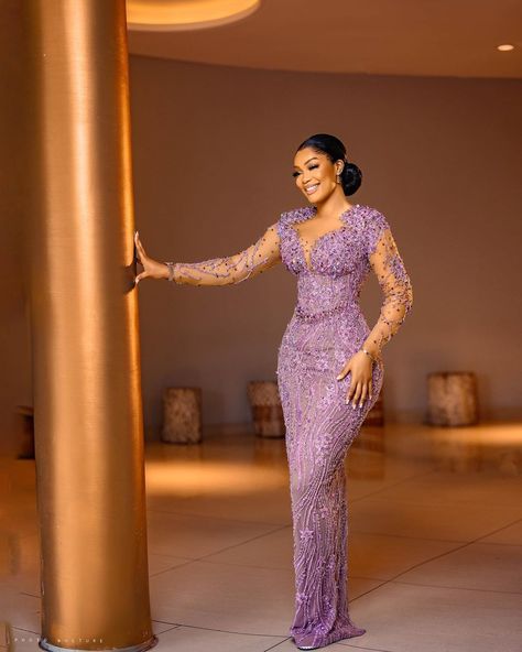 Wedding Reception Styles, Ladies Lace Gown Styles, Long Lace Styles, Elegant Asoebi Lace Styles, Owanbe Styles For Lace Straight Gown, Lace Dress Classy For Wedding Guest, Gown Styles For Lace Material, Lilac Lace Asoebi Styles, Latest Lace Styles Latest Lace Styles For Wedding