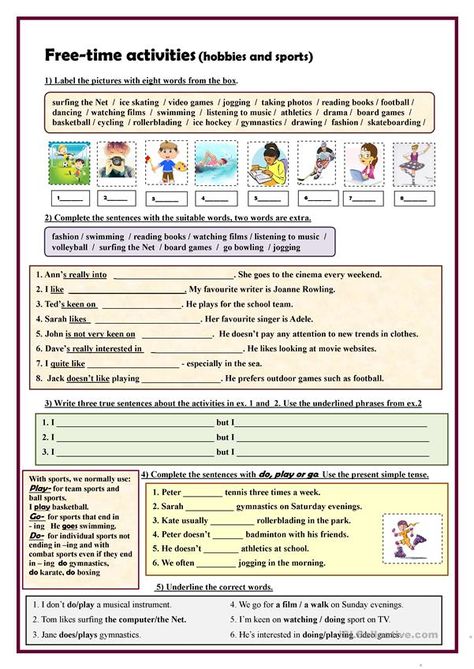 Freetime Activities, Free Time Activities, Time Worksheets, Hobbies For Kids, Hobbies To Try, Hobbies That Make Money, English Activities, Vocabulary Worksheets, Time Activities