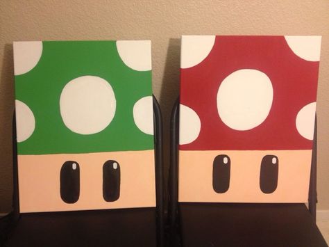 So doing this! Painting Ideas For 2 Canvases, What To Draw On A Mini Canvas Easy, Easy And Cute Painting Ideas On Canvas, Gamer Canvas Painting Diy, Mario Kart Canvas Painting, Painting Ideas Easy Simple Mushroom, Nintendo Painting Canvas, Mario And Luigi Canvas Painting, Easy Canvas Painting Mushroom