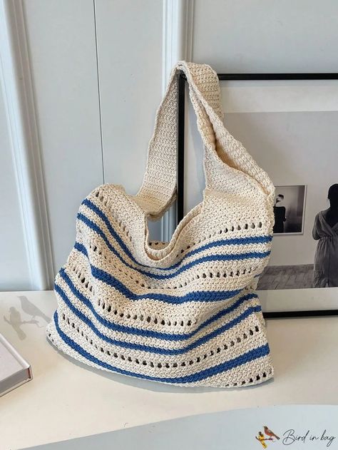 Bird in Bag - Striped Colorblock Knitted Lightweight High-Capacity Exquisite Fashionable Simple Tote Bag for Womens Daily Work, Mode Crochet, Knitting Tote Bag, Simple Tote, Beige Bag, Striped Bags, Crochet Tote Bag, Crochet Tote, Diy Crochet Projects, Unique Crochet