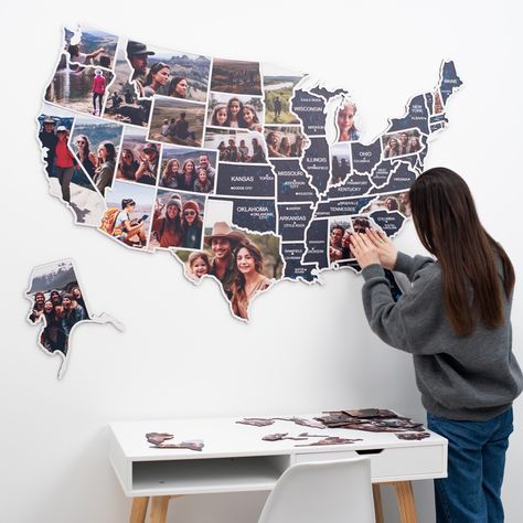 Presenting our personalized USA map, designed for you to trace your adventures with a distinctive touch. By incorporating your photos, you can craft a unique portrayal of your travels throughout the United States. Whether you're pinpointing your preferred destinations or showcasing unforgettable moments, this map empowers you to customize your travel experience in ways never imagined before. This wall map makes for the perfect gift for a family member, beloved friend, or anyone you wish to share Travel Tracker Map, Travel Bedroom Decor, Travel Map Ideas, Couples Home Decor, Map Decor Wall, Adventure Awaits Sign, Travel Photo Wall, Collage Wall Decor, Living Room Decor Unique