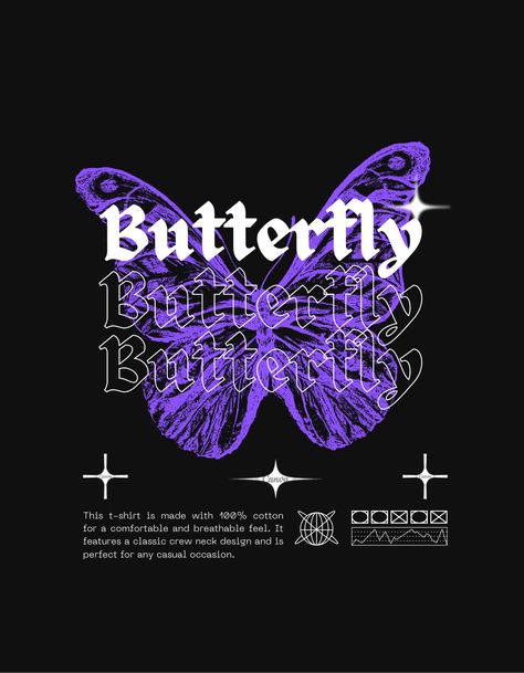 Black Purple & White Modern Illustrated Butterfly T-Shirt Print Tshirt Design, Unique Tshirt Designs, Typography Shirt Design, Design Kaos, Graphic Shirt Design, Anak Haiwan, T-shirt Print Design, T Shirt Logo Design, Shirt Logo Design