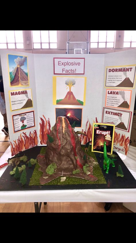 Volcano, volcano model, science fair, science project, volcano project. Science projects, science fair project, volcano made from clay, volcano ideas, how to build a volcano Science Fair Projects Volcanos, Science Fair Projects Volcano, Volcano Diorama Science Projects, Volcano Layers Project, Volcano Trifold Board, Science Fair Volcano Project, Science Project Volcano, How To Build A Volcano, Volcano Clay Model