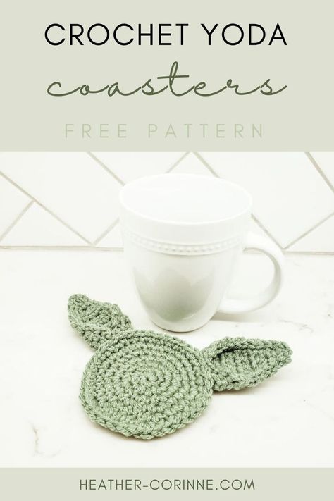 This Crochet Yoda Coaster set is a free pattern on my blog! These are the cutest Star Wars themed mug companions and a quick, beginner friendly crochet project! Below you'll find the free pattern and video tutorial. Amigurumi Patterns, Crochet Disney Coasters Free Pattern, Star Wars Crochet Coaster, Crochet Coaster For Men, Crochet Star Wars Pattern Free, Crochet Coasters Patterns Free, Crochet Boho Coasters Free Pattern, Crochet Coasters Fall, Pokeball Coaster Crochet