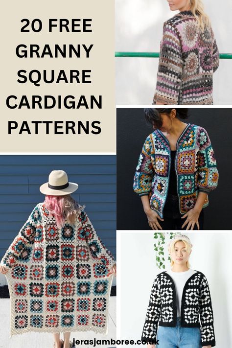 montage of four photos showing women wearing differently designed granny square cardigans Ponchos, Amigurumi Patterns, Crochet Tricks, Modern Granny Square, Long Crochet Cardigan, Granny Square Poncho, Granny Square Pattern Free, Squared Clothes, Cardigan Sweater Pattern