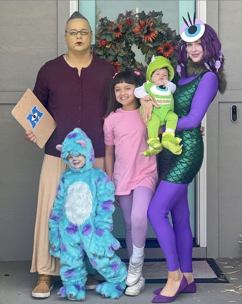 family dressed as monsters inc characters for halloween Family Monster Inc Costumes, Spooky Halloween Family Costumes, Celia Halloween Costume, Cecilia Monsters Inc Costume, Monsters In Costumes, Monsters Inc Halloween Costumes Family, Monsters Inc Family Costume For 4, Incredible Halloween Costumes Family, Monsters Ink Family Costumes